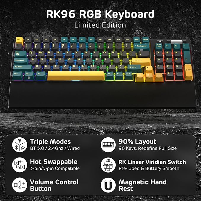 RK ROYAL KLUDGE RK96 RGB Limited Ed, 90% 96 Keys Wireless 3-Mode BT5.0/2.4G/USB-C Hot Swappable Mechanical Keyboard w/Wrist Rest, Volume Control, Software, Massive Battery, RK Viridian Switch