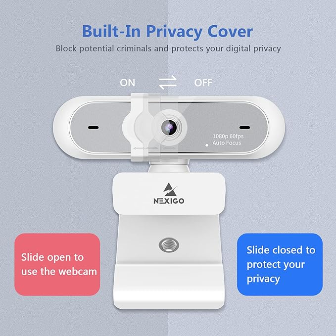 NexiGo N660P 1080P 60FPS Webcam with Software Control, Dual Microphone & Cover, Autofocus, HD USB Computer Web Camera, for OBS/Zoom/Skype/FaceTime/Teams/Twitch, White
