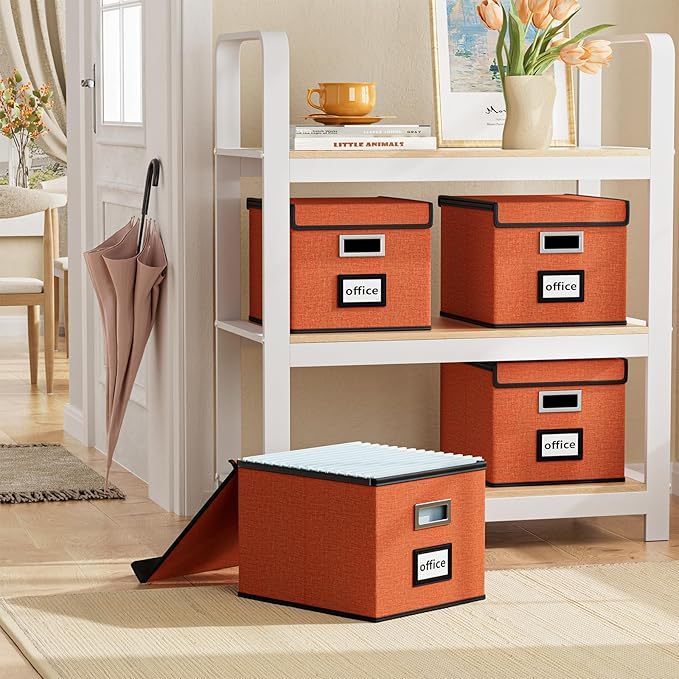 Huolewa Portable File Organizer Box with Lid, Large Linen Hanging Office Document Storage Box with Lid, Collapsible Filing&Storage Box for Office/Decor/Home - 14.9 x 12.7 x 10.8 inch