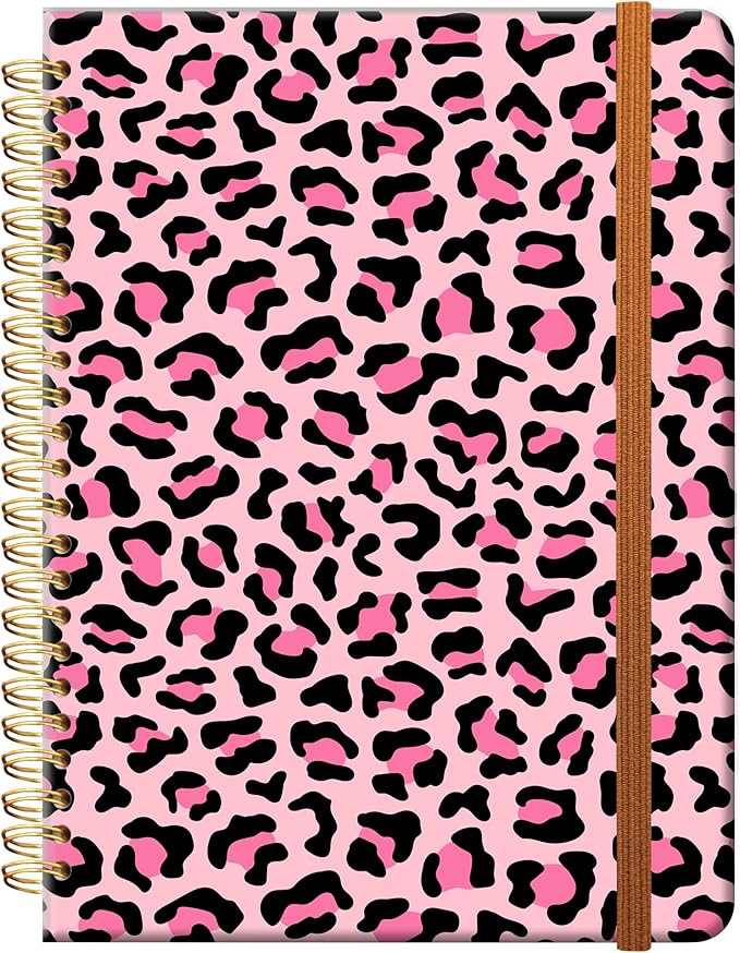 Ruled Spiral Writing Notebook,A5 Hardcover Lined College Journal for Women Lady,Fashion Puppy Watercolor Strong Twin-Wire Binding with Premium Paper,8.4" X 6",Perfect for School,Office,Home Gifts(Pink Leopard)