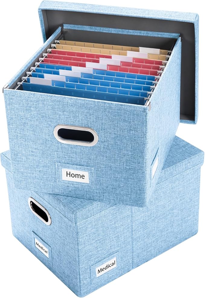PRANDOM File Organizer Box - Set of 2 Collapsible Decorative Linen Filing Storage Hanging File Folders with Lids Office Cabinet Letter/Legal Size Blue (17x14x11.2 inch)