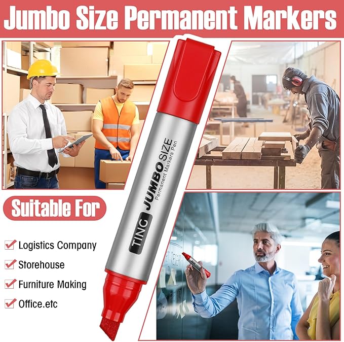 Fuutreo 32 Pcs Jumbo Permanent Markers Bulk Large Chisel Tip Permanent Markers Waterproof Jumbo Pens Quick Drying Office Teacher Supplies(Red)