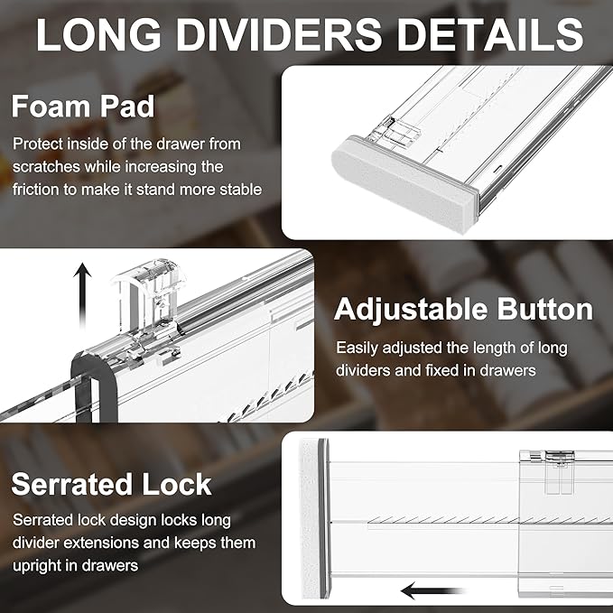 HiYZ Expandable Drawer Dividers with Inserts - 2.36'' High Adjustable Drawer Organizers Separators for Kitchen, Bedroom, Dresser, Office, 8 Long Dividers(12.6-22.8'') with 16 Inserts(3.9-7.1'')-Clear