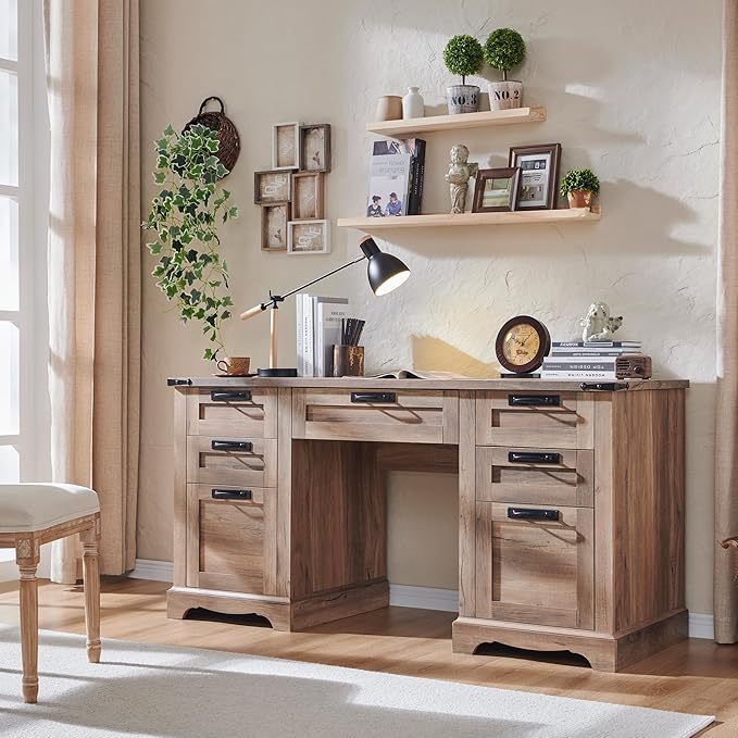 RedLemon 60" Farmhouse Executive Desk with Drawers, Wood Home Office Desk w/Charging Station, Keyboard Tray, File Drawer, Storage Cabinet, Rustic Computer Writing Desk (Natural Oak)