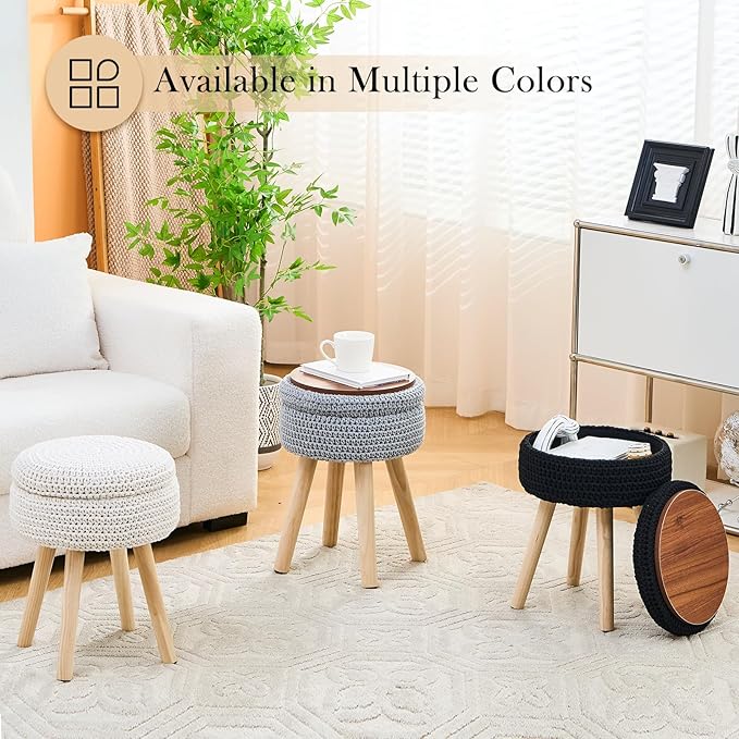 Round Foot Stool Ottoman with Storage Footrest with Wood Legs Cotton Knitted Vanity Stool Tray Top Coffee Table Multifunctional Upholstered Footstool for Living Room Bedroom Black