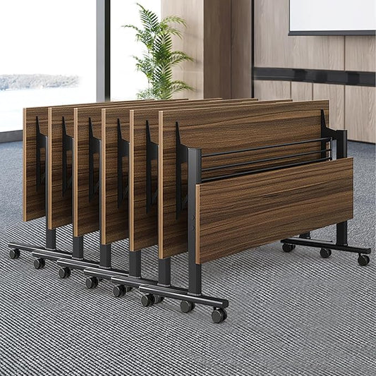 Folding Conference Table, Modern Large Conference Room Tables with Flip-Top Design, Foldable Conference Table Meeting Table with Wheels, Mobile Seminar Training Tables for Office Classroom (6, Walnut)