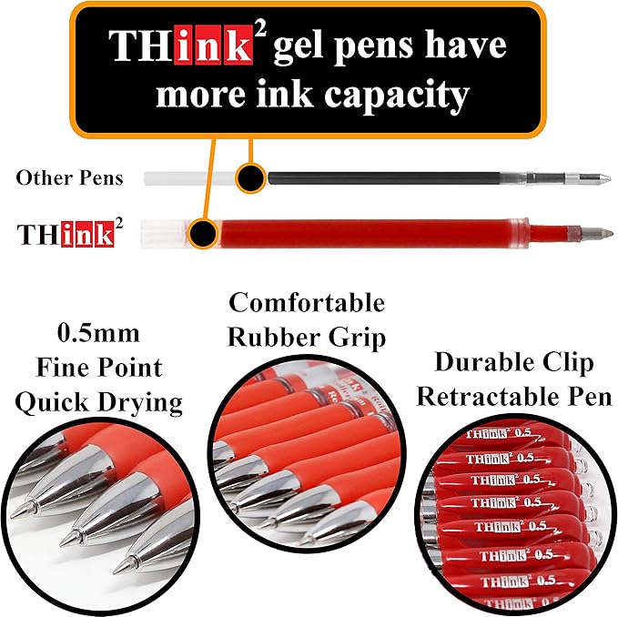 [24 Pens - Red Ink] Think2 Retractable Gel Pens. (24 Red) Fine Point (0.5mm) Rollerball Pens with Comfort Grip. PLEASE REMOVE THE WAX TIP ON THE POINT OF THE PEN BEFORE USING THE PEN.