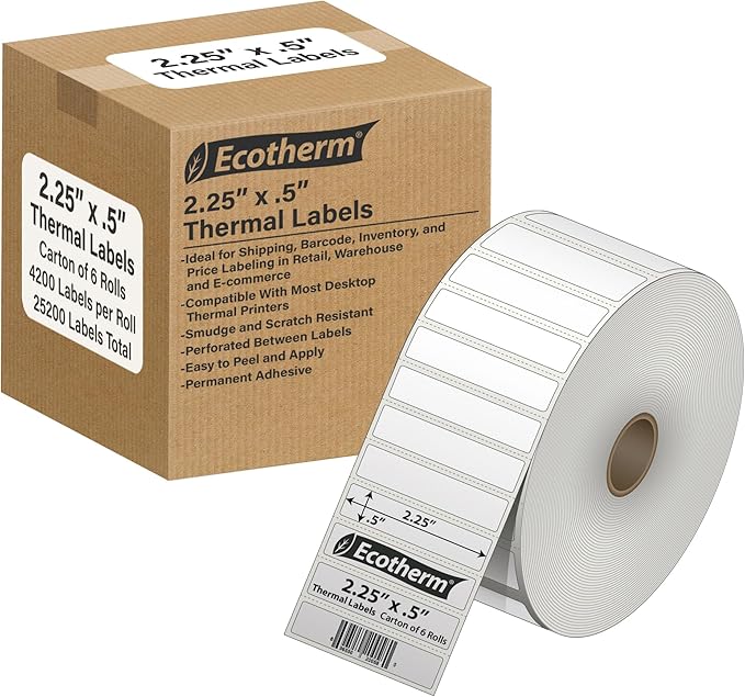 2.25" x .5" Thermal Labels | 6 Rolls | 25200 Labels | fits Zebra, Munbyn, Rollo, Godex, Arkscan, iDPRT, Offnova Thermal Label Printers and More | Blank White Adhesive Stickers by Ecotherm