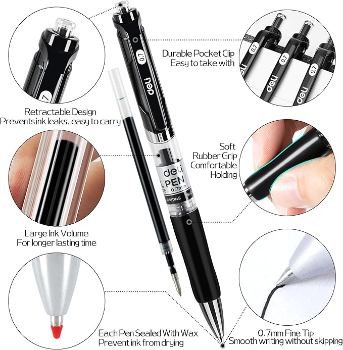 deli Gel Pens, 50 Pcs Retractable Pens Black Ink, 20 Pens with 30 Refills，Medium Point Pen Bulk 0.7mm, Smooth Writing, Fast Dry, No Bleed for Journaling Note Taking, Home School Office Supplies