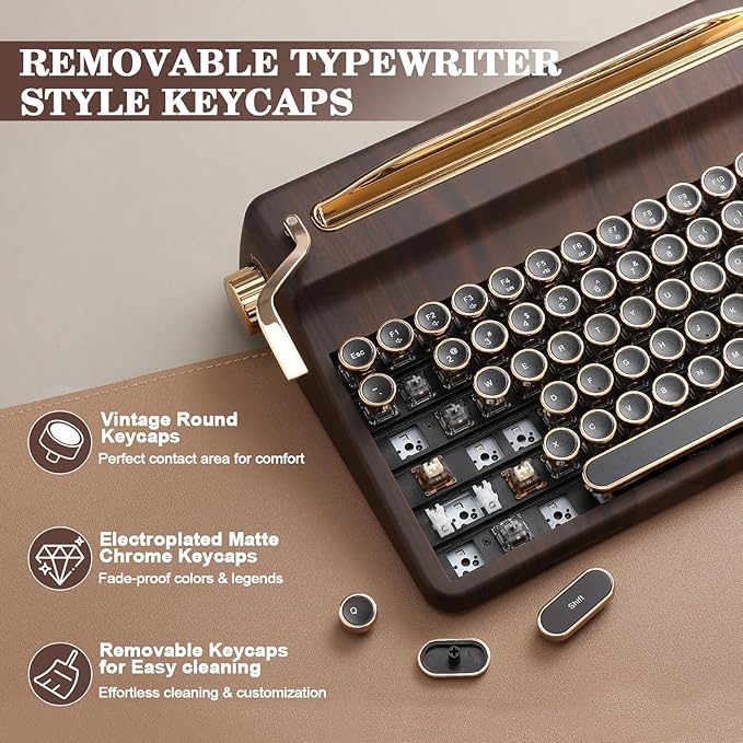 YUNZII QL75 Wireless Typewriter Hot Swap Retro Mechanical Keyboard,Punk Round Keycaps,RGB Backlit QMK/VIA Programmable, Multi-Device Keyboard with 2.4GHz/Type-C/BT5.0 (Wood, Cocoa Cream V2 Switch)