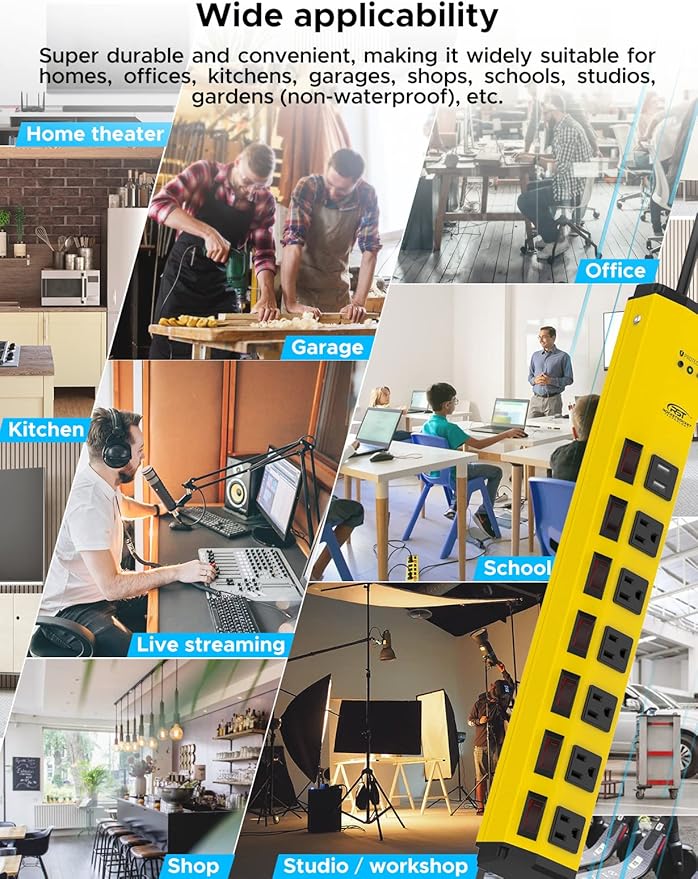 CRST 6-Outlet Heavy Duty Power Strip with USB and Individual Switches, 1200 Joules Metal Mountable Surge Protector Power Strip 15A Circuit Breaker, 6FT Extension Cord for Garage, Workshop, Home