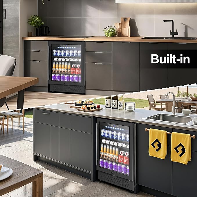 24 Inch Beverage Refrigerator, 5.2 Cu. Ft. Drink Refrigerator with Glass Door, 200 Cans Under Counter & Freestanding Drink Fridge, Reversible Door, Built-In Beverage Cooler for Kitchen, Bar or Office.