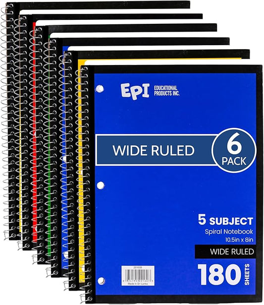 EPI Spiral Notebook | 5 Subject - Wide Ruled - 180 Sheets, Durable Spiral Binding | 10.5 x 8 in | Classroom Supplies | School, Office, Note Taking, Journaling - 6 Pack
