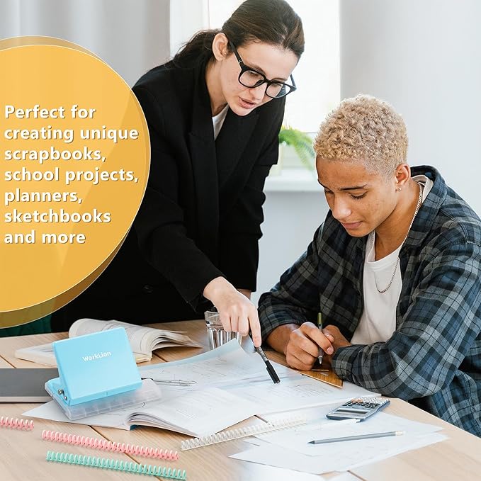 Worklion Binding Machine for Planner: Small Bookbinding Machine with Multicolor Loose Leaf Binder Rings for Making 26 Holes/B5 Paper, 30 Holes/A4, 20 Holes/A5 Book, 29 Holes/Letter Size, Blue