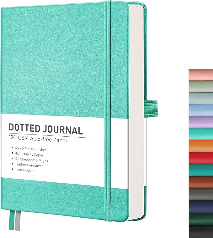 RETTACY Bullet Dotted Journal Notebook, 256 Pages, A5 Medium Size (5.7'' × 8.3''), Leather Hardcover, 120 GSM Thick Paper, for Bullet Journaling, Planning, Tracking (Mint)