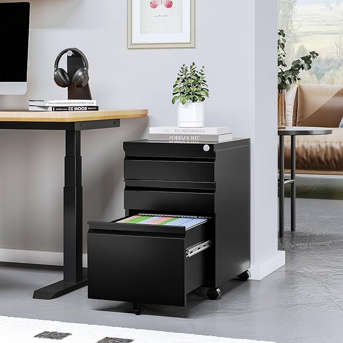 STANI 3 Drawer Mobile File Cabinet with Lock Rolling Mobile File Cabinet Locking Office Mobile Cabinet with Wheels Under Desk Office Drawers Metal Filing Cabinet Fully Assembled