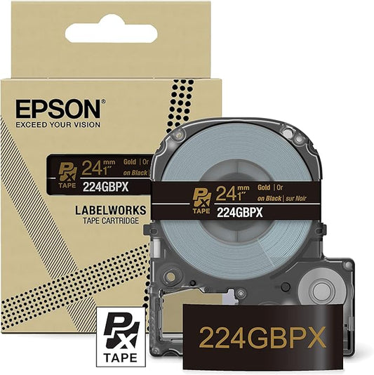 Epson LABELWORKS 224GBPX Genuine PET (Polyester) Tape Cartridge - Gold on Black Designer Craft Label Maker Tape - 1" (24MM) Wide, 30'