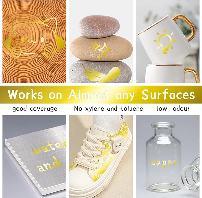 Gold Paint Pens Permanent Paint Markers 2 Pack Oil Based Markers, Quick Drying and Waterproof Marker Pen, Car Tire, Metal, Rock Painting, Wood, Ceramic, Plastic, Canvas, Mugs, Medium Tip