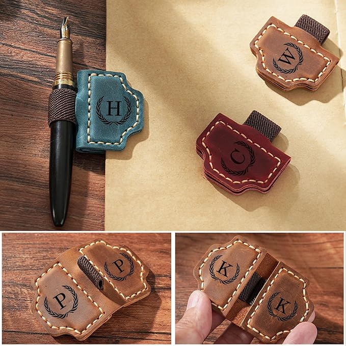 Artlaza Personalized Magnetic Leather Bookmark with Pen Holder - 26 Letters Custom Book Mark with Name Initial Engraved Book Marker for Readers, Book Lovers, Travelers - Gift for Women & Men(Blue，I