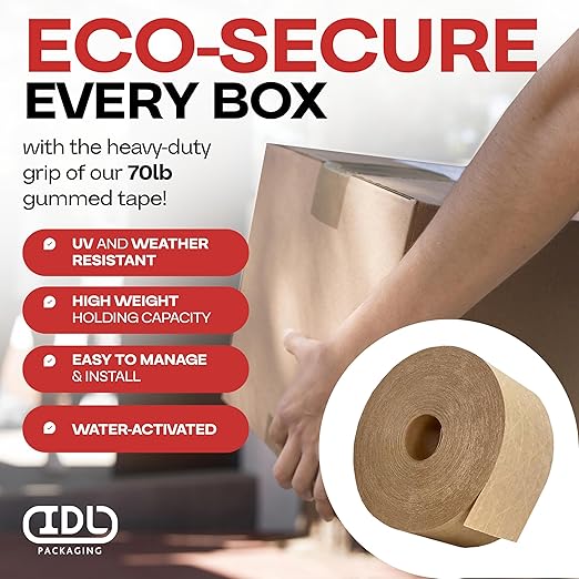IDL Packaging 3" x 375 feet Reinforced Water-Activated Kraft Gummed Tape 70lb Thickness - Secure Paper Packing Tape for Secure Carton Sealing - Heavy-Duty for All Conditions, Brown