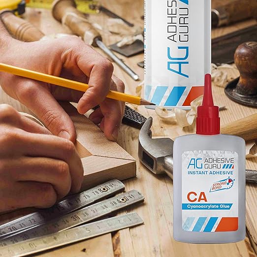 Adhesive Guru CA Glue with Activator Woodworking (12 x 0.9 oz - 12 x 3.38 fl oz) Ca Glue for Woodworking, Cyanoacrylate Glue and Activator (12 Pack)
