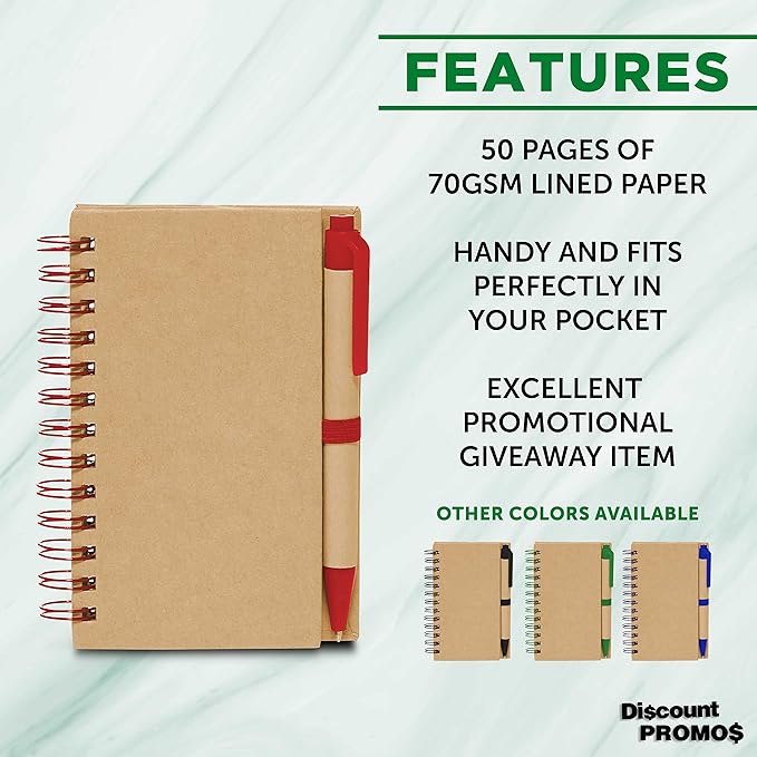 Mini Spiral Notebooks with Black Ink Pens Set of 10, Bulk Pack - Perfect for School, Office, Business, Home - Red