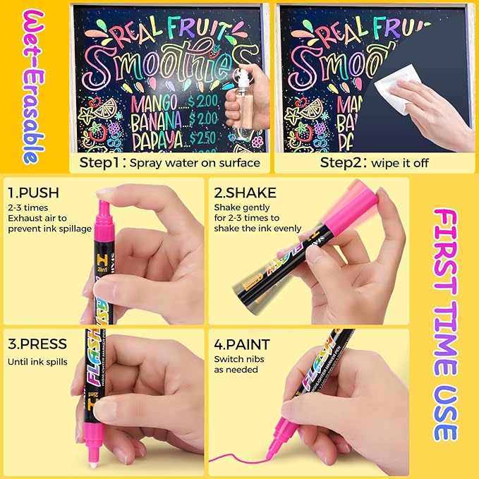 SFAIH Fine Tip Liquid Chalk Markers for Bhalkboard [1-Second Wet Wipe], 0.7-1mm 30 Colors [Neon+Pastel+Metallic], Chalk Pens for Chalkboard, Calendar, Windows, Glass, Includes Highlighter Color Marker
