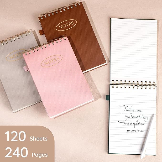 Yoment Top Spiral Notebook 240 Pages Leather Steno Pads 6x9 Top Bound Spiral Notepad 100 GSM College Ruled Notebook Left Handed Notebooks for Work School Office, Beige