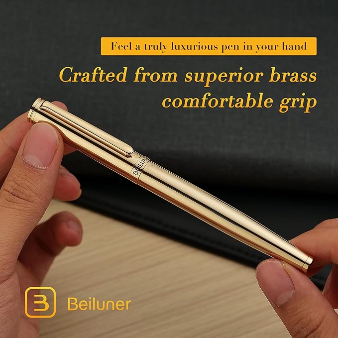 BEILUNER Gold Fountain Pen,Stunning Luxury Pens with 24K Gold Finish, Gorgeous 24K Gilded Nib(Medium), Ink Converter,Fancy Pen Gift for Men&Women-Elegant, Office, Professional, Reliable, Nice Design