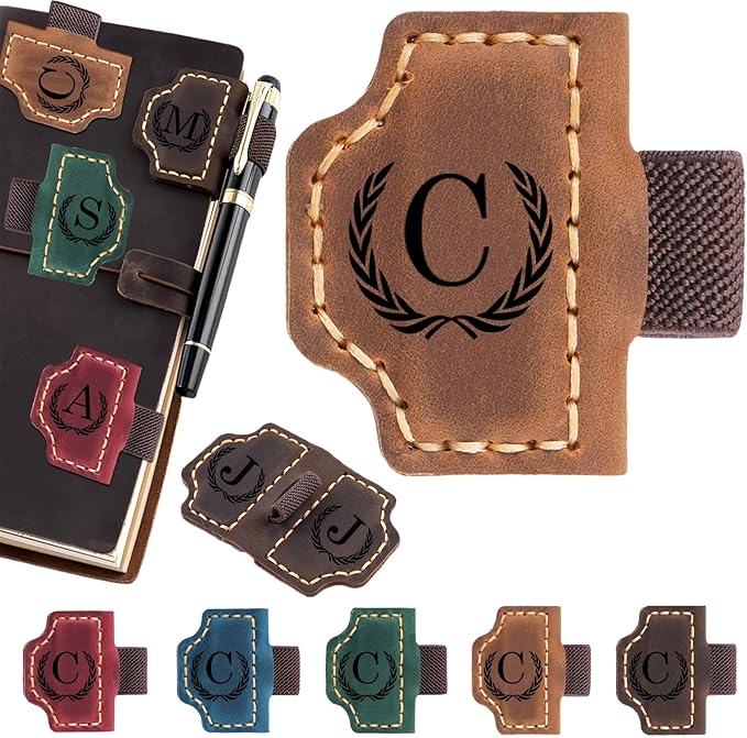Personalized Magnetic Leather Bookmark with Pen Holder - 26 Letters Custom Book Mark with Name Initial Engraved Book Marker for Readers, Book Lovers, Travelers - Gift for Women & Men(Light Brown，C
