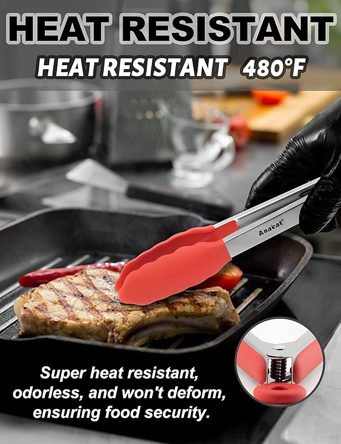 Anaeat Non-Stick Silicone Locking Tong Set of 3 - Stainless Steel 7", 9" and 12" Kitchen Food Tongs with Non-Slip Silicone Tips and Grip for Cooking, Baking and BBQ - Heat Resistant up to 480°F (Red)