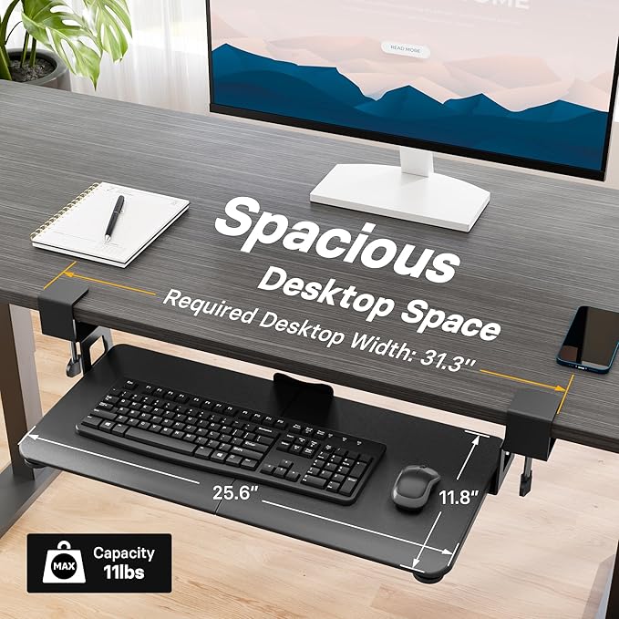 BONTEC KMT01 Under Desk Keyboard Tray, Pull-Out Keyboard & Mouse Platform with C-Clamp, 25.6 x 11.8 in Space-Saving Ergonomic Slide-Out Drawer, Black