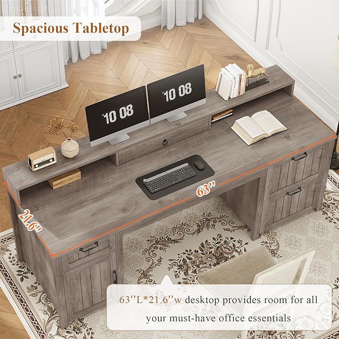 SEDETA Farmhouse 63" Executive Desk, Wood Computer Desk with Drawers and Storage Cabinet, Home Office Desk with File Drawer and Monitor Stand, Wood Desk for Work Study Writing, Grey