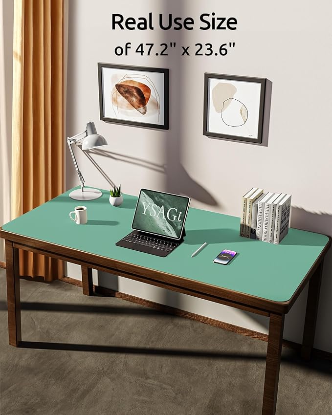 YSAGi Leather Desk Protector, Office Mat, Large Mouse Mat, Non-Slip PU Leather Blotter, Laptop Desk Pad, Waterproof Writing Pad for Office and Home (Green-Blue, 47.2" x 23.6")