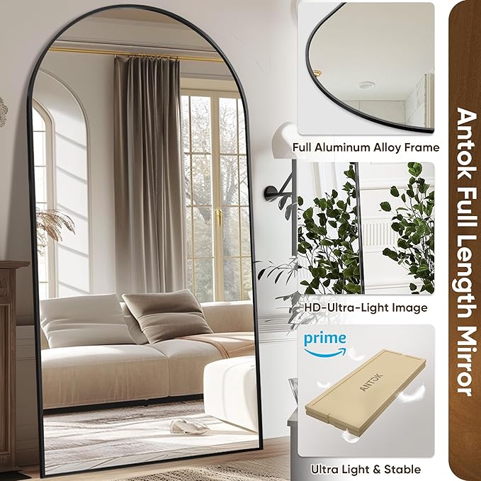 Antok Full Length Mirror, 78"x38" Oversized Floor Mirror Freestanding, Full Body Mirror Floor Standing Mirrors with Stand, Hanging Mounted Mirrors for Living Room Cloakroom,Black,Arched Style