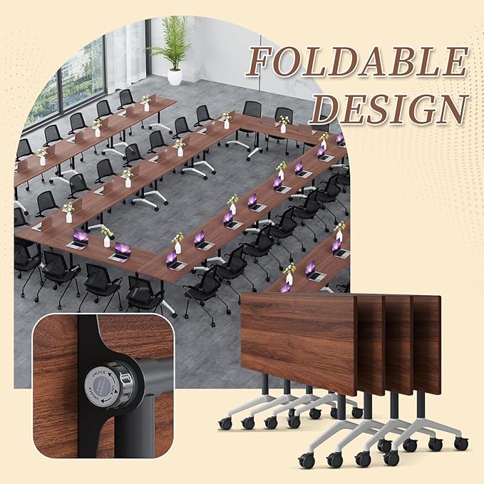 Folding Conference Room Table, Modern Conference Tables with Wheels, Large Rectangular Mobile Training Tables for Office Classroom, Foldable Modular Boardroom Seminar Table (4pack L47.2in)