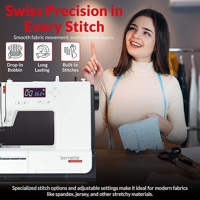 Bernette b37 Sewing Machine with Quilting Kit, Includes Rotary Cutter, Cutting Mat & Non-Slip Acrylic Ruler | LCD Display, LED Light, 50 Stitches, Built-in Needle Threader | For Beginners to Pros