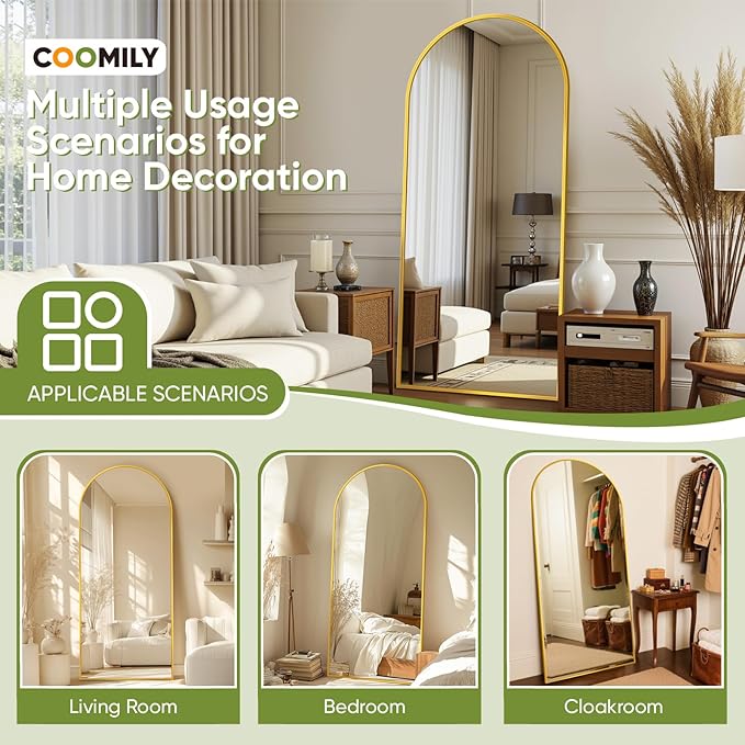 Full-Length Floor Mirror with Stand, 58"x18" Arched Style Full Body Standing Mirror for Bedroom, Living Room, Gym, Dorm - Shatter-Resistant & Easy Assembly, Gold