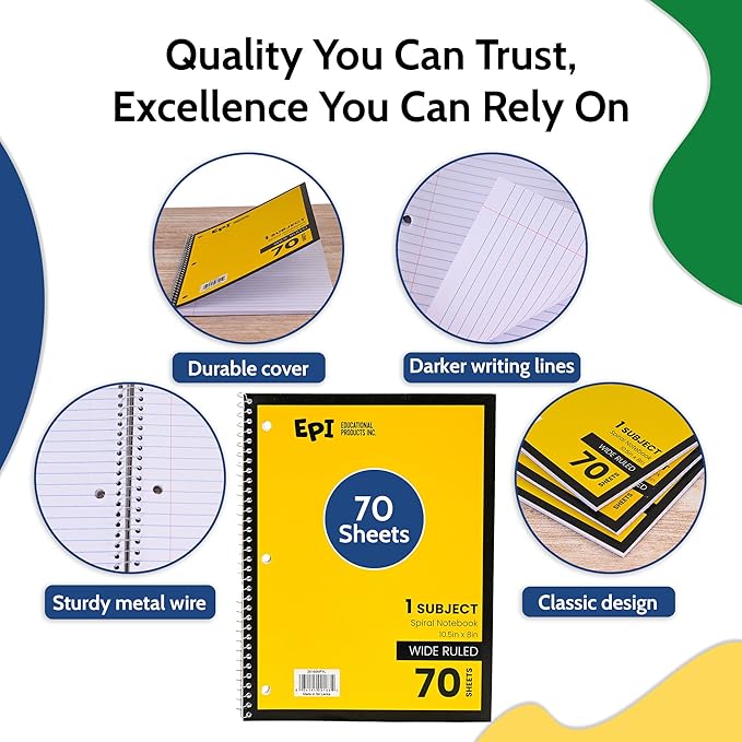 EPI Spiral Notebook | Wide - 70 Sheets, Durable Spiral Binding | 10.5 x 8 in | Classroom Supplies | School, Office, Note Taking, Journaling - 3 Pack