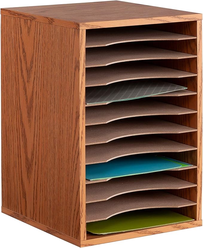Safco Vertical Desktop Sorter, Wooden Paper Organizer for Home Office and Classroom, 11 Adjustable, Letter-Size Compartments, Medium Oak