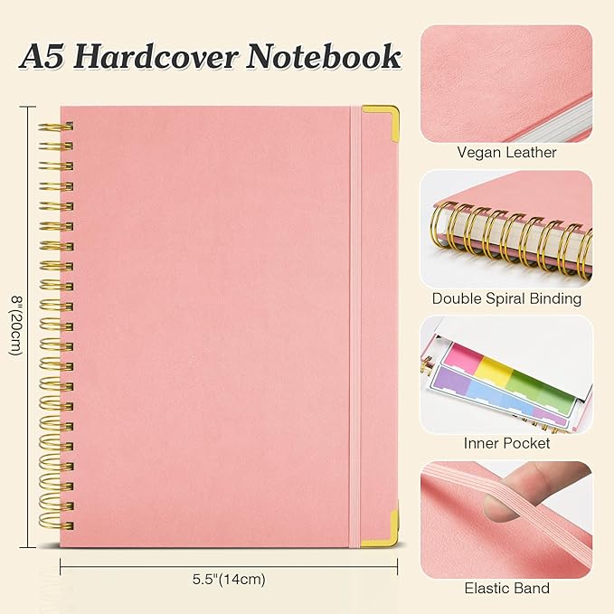 Spiral Notebook, 300 Numbered Pages Notebooks College Ruled with Contens, 100GSM Thick Journal for Women Men, Hardcover Leather Lined Journal for Writing, Large A5 Notebooks for Work School, 6" x 8"
