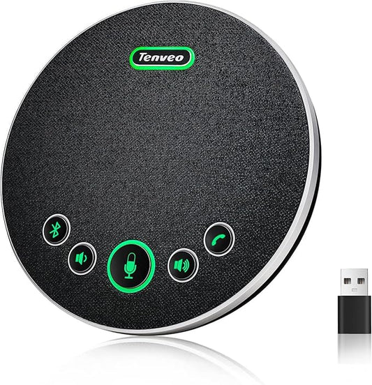 Tenveo Conference Speaker Microphone, Bluetooth/Dongle/USB Connectivity, 360° Sound Pickup and AI Noise Reduction, Compatible with Zoom, Teams, OBS, Supports 10-12 People for 8 Hours of Talk Time