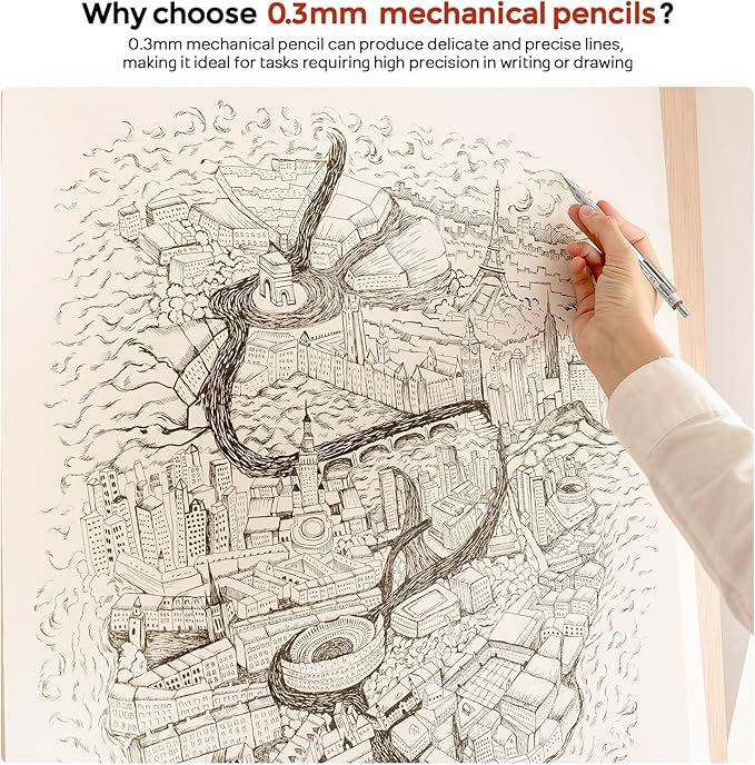 Nicpro 3 Pack Blocky Gear 0.3 mm Metal Mechanical Pencils Set with Case, Lead Drafting Pencil with 8 Tube (480PCS) Lead Refills, 4 Erasers, 18 Eraser Refills for Art Writing, Sketching Drawing