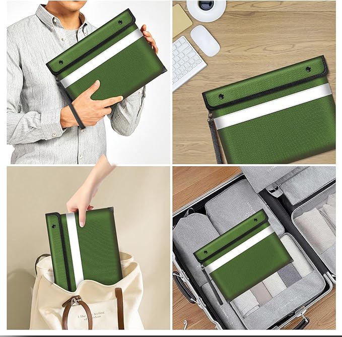 Upgraded 5200°F Heat Insulated Fireproof Money Bag with 8 Layers of Protective Material,13.9”x10.6” Fire Proof Bag for Documents with Zipper,Fireproof Pouch for Cash,Jewelry(Green)