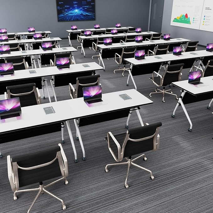 Conference Table, Folding Conference Room Tables, Mobile Training Tables with Silent Wheels, Large Rectangular Modular Seminar Table Office Computer Desks for Classroom White (8Pack L63in)