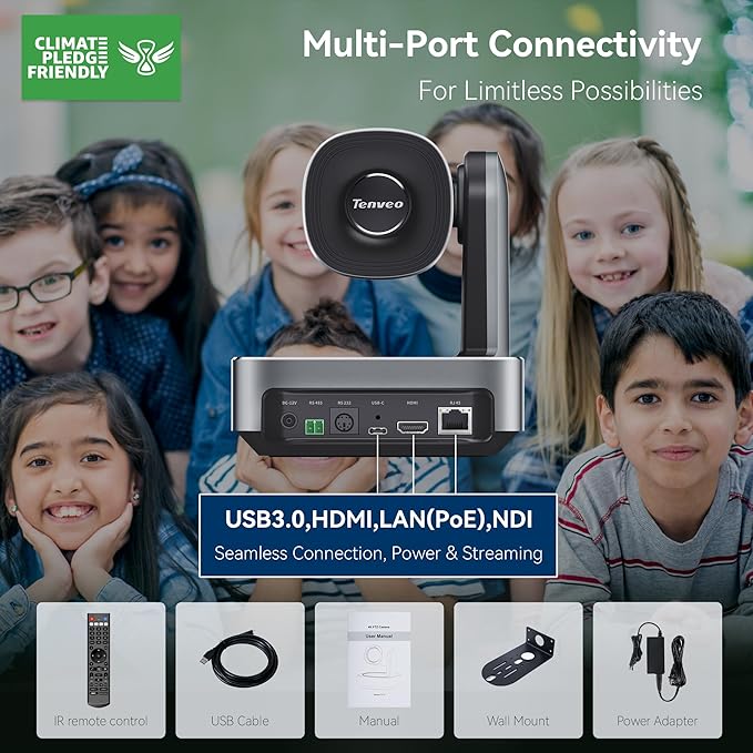 Tenveo NDI PTZ Camera 4K AI Auto-Tracking 12X Optical Zoom USB3.0 LAN PoE HDMI Wide Angle Lens IP Live Streaming Camera for Church Worship Video Conference Broadcast Events YouTube OBS vMix