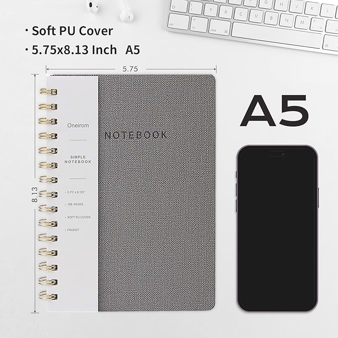 Lined Spiral Notebook College Ruled A5 Journal Book for Note Taking, 160 Pages Writing Journal for Office and Home School Supplies 5.75x8.125 inch (0Grey)
