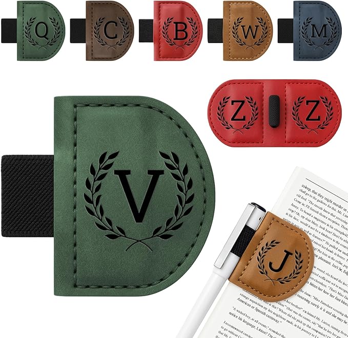 Personalized Bygone Mark Bookmark with Pen Holder,Engraving Leather Magnetic Bookmarks Vintage 26 Letters Name Initials Text Book Marker Clips Gifts for Reading Book Lovers Women (Green, V)