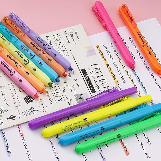 WRITECH Retractable Highlighters Assorted Colors: Chisel Tip Click Aesthetic Highlighter Marker Pens Pack Multi Colored Ink No Bleed Smear for Highlighting Journaling (12ct Neon+Pastel)