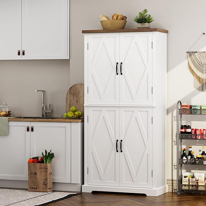 HOSTACK 64" Tall Pantry Cabinet, Modern Farmhouse Kitchen Pantry, Wood Bathroom Storage Cabinet, Large Bookcase, 4 Doors|Adjustable Shelves, for Dining Room, Living Room, Home Office, White